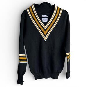 Vintage Black V-Neck Cheerleader Sweater with Yellow and White Stripes